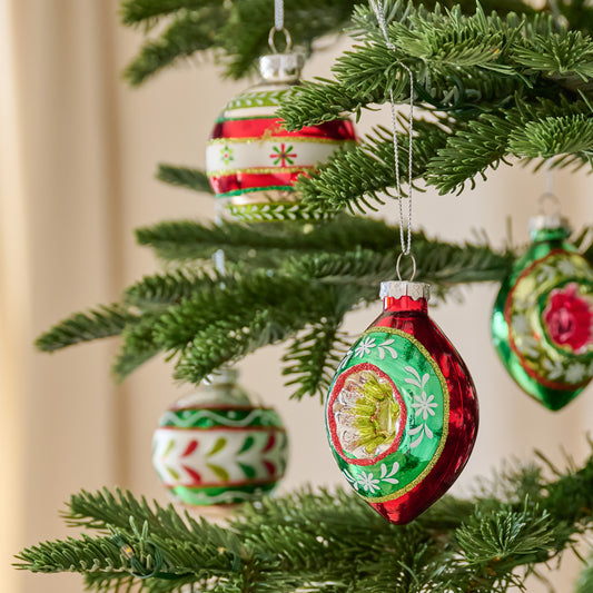 Vintage-Inspired Colorful Ornament Set shown on tree
