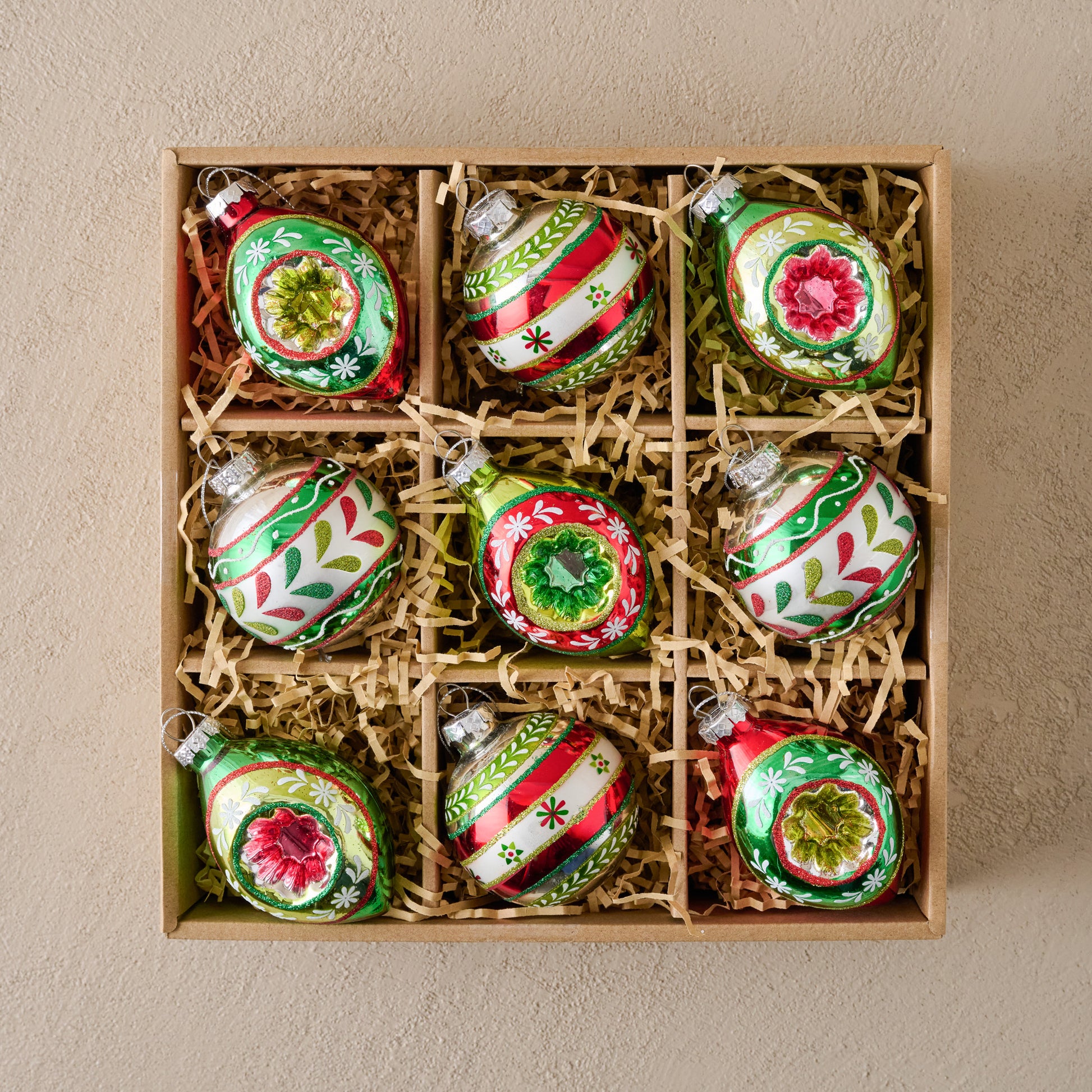 Vintage-Inspired Colorful Ornament Set shown in box