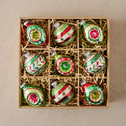 Vintage-Inspired Colorful Ornament Set shown in box