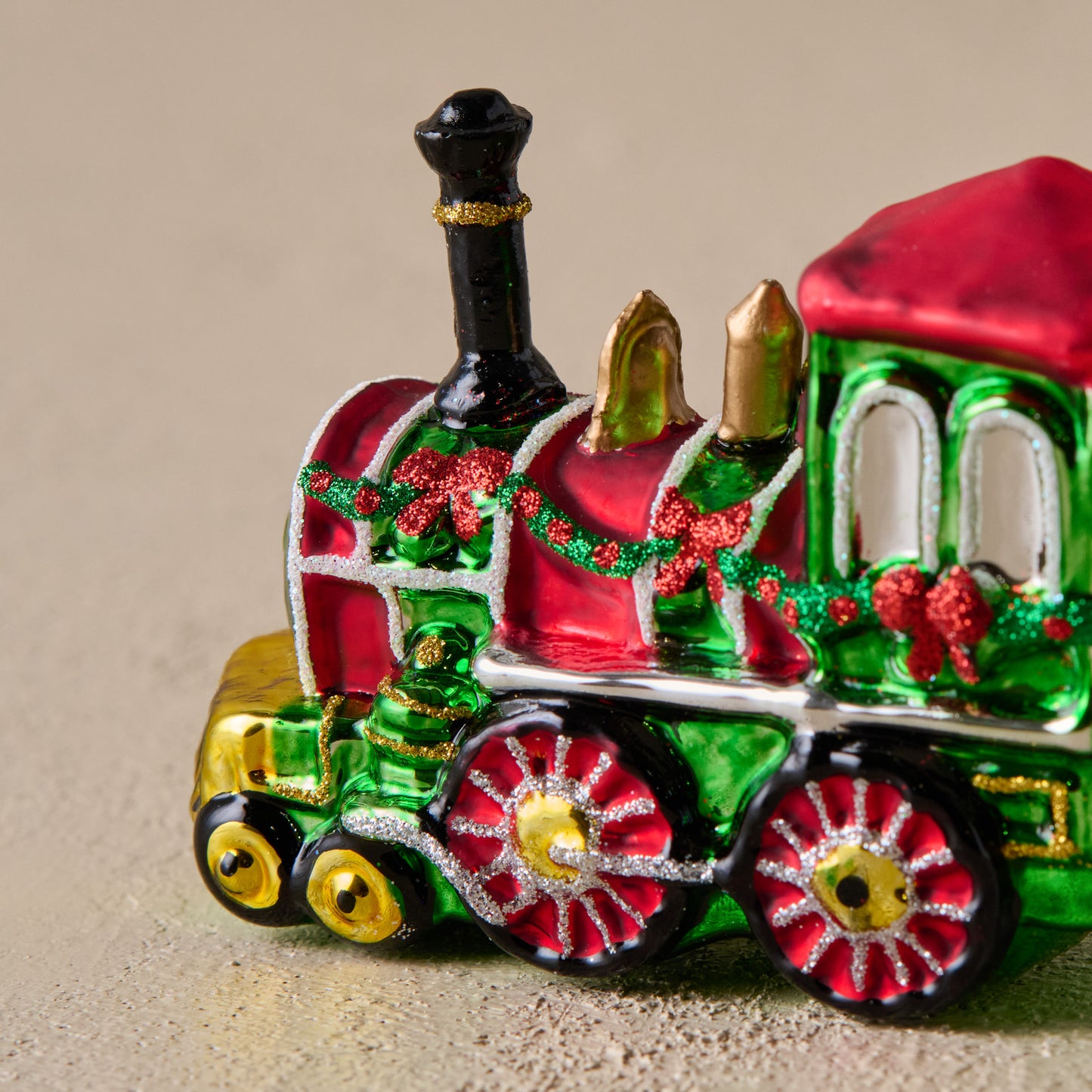 Vintage-Inspired Blown Glass Train Ornament up close