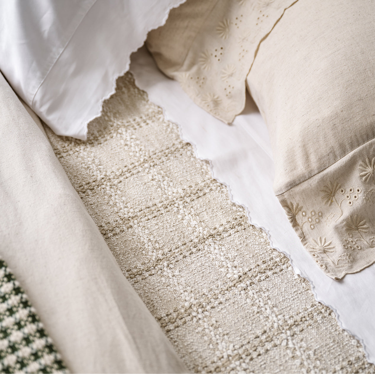 Close-up of textured bedspread with floral patterns on a bed.