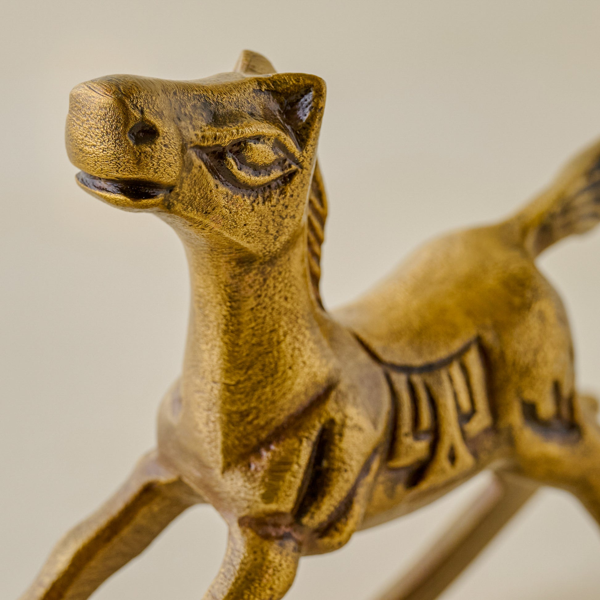 Vintage-Inspired Brass Rocking Horse up close
