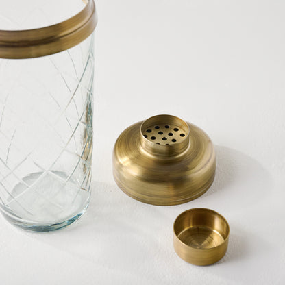 Antique Brass and Etched Glass Shaker Bottle up close