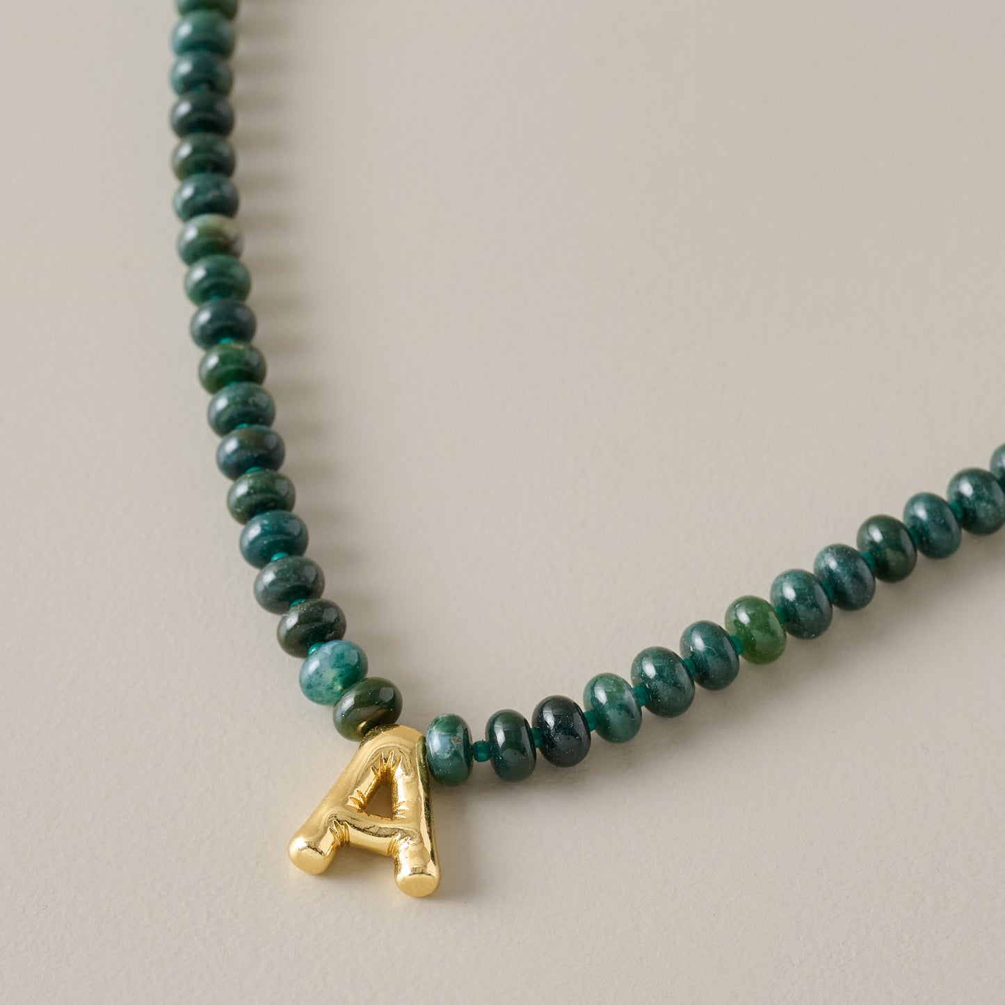 Bubble Initial Beaded Necklace Gold Olive Green - A