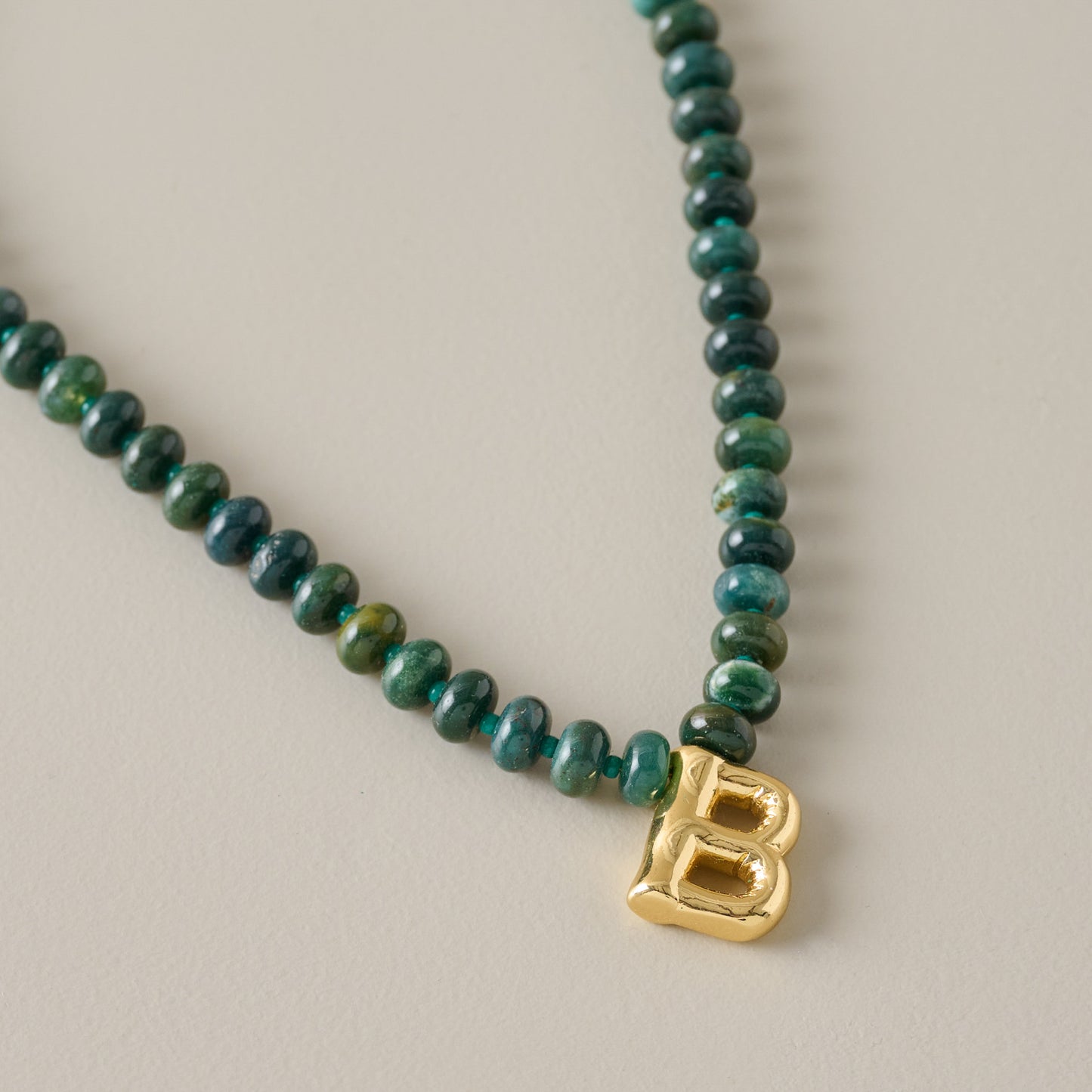 Bubble Initial Beaded Necklace Gold Olive Green - B