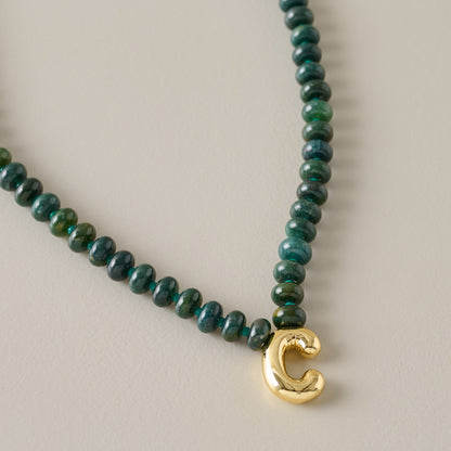 Bubble Initial Beaded Necklace Gold Olive Green - C
