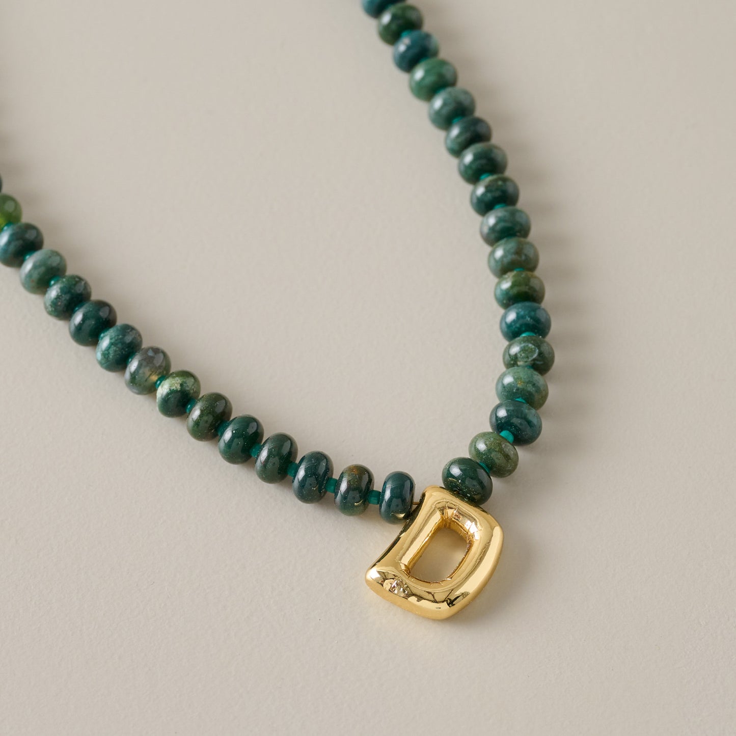 Bubble Initial Beaded Necklace Gold Olive Green - D