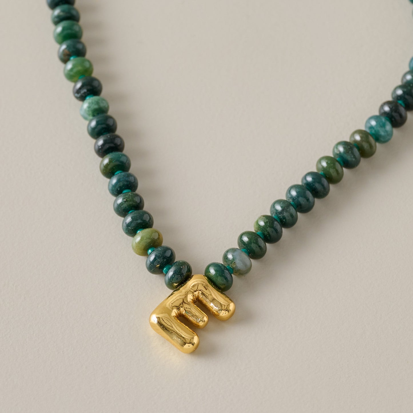 Bubble Initial Beaded Necklace Gold Olive Green - E