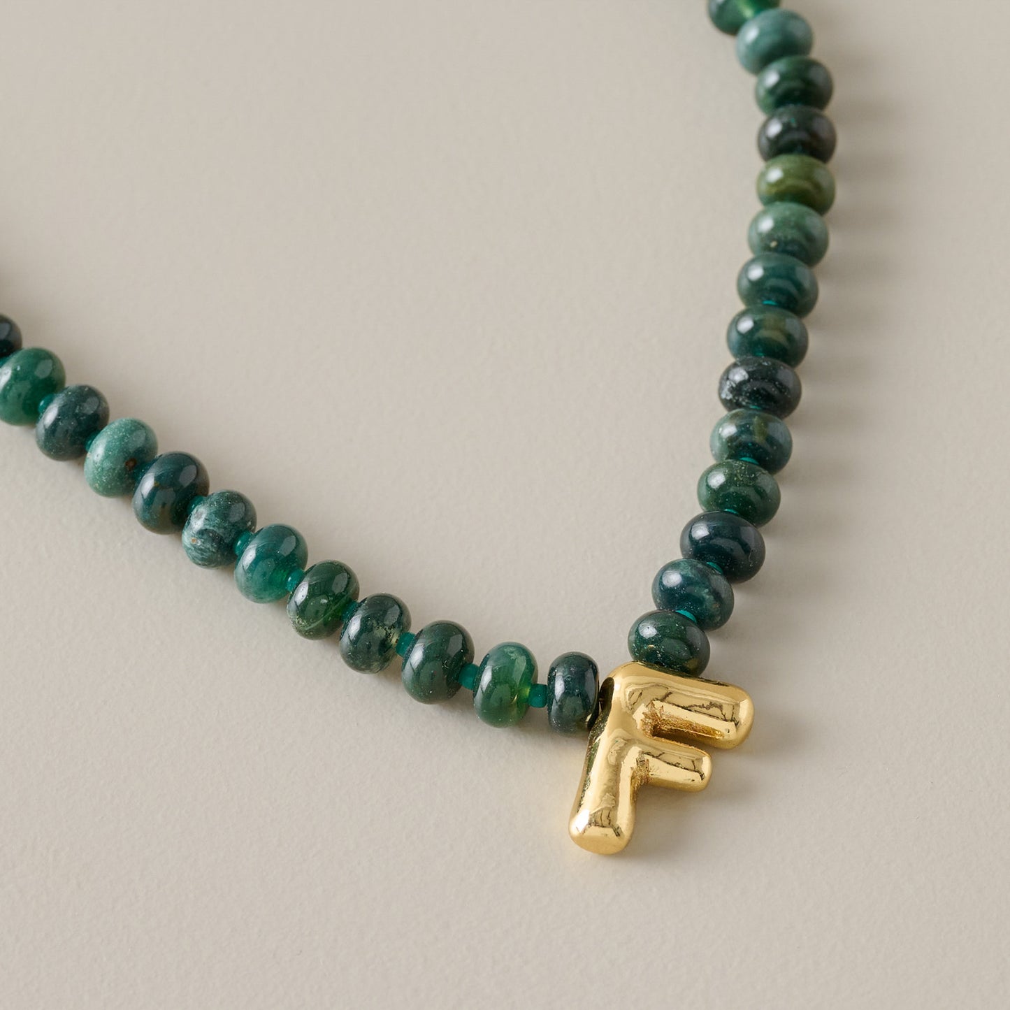 Bubble Initial Beaded Necklace Gold Olive Green - F