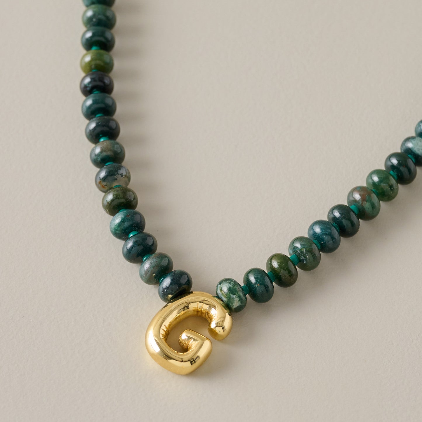 Bubble Initial Beaded Necklace Gold Olive Green - G