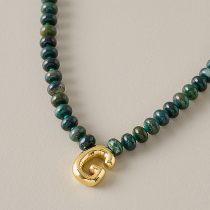 Bubble Initial Beaded Necklace Gold Olive Green - G