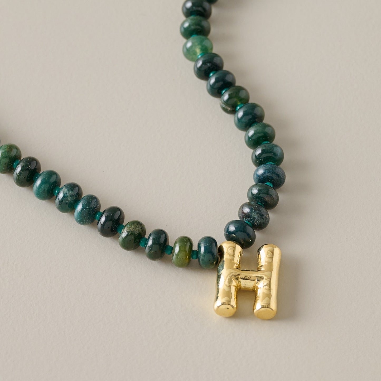 Bubble Initial Beaded Necklace Gold Olive Green - H