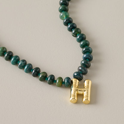 Bubble Initial Beaded Necklace Gold Olive Green - H