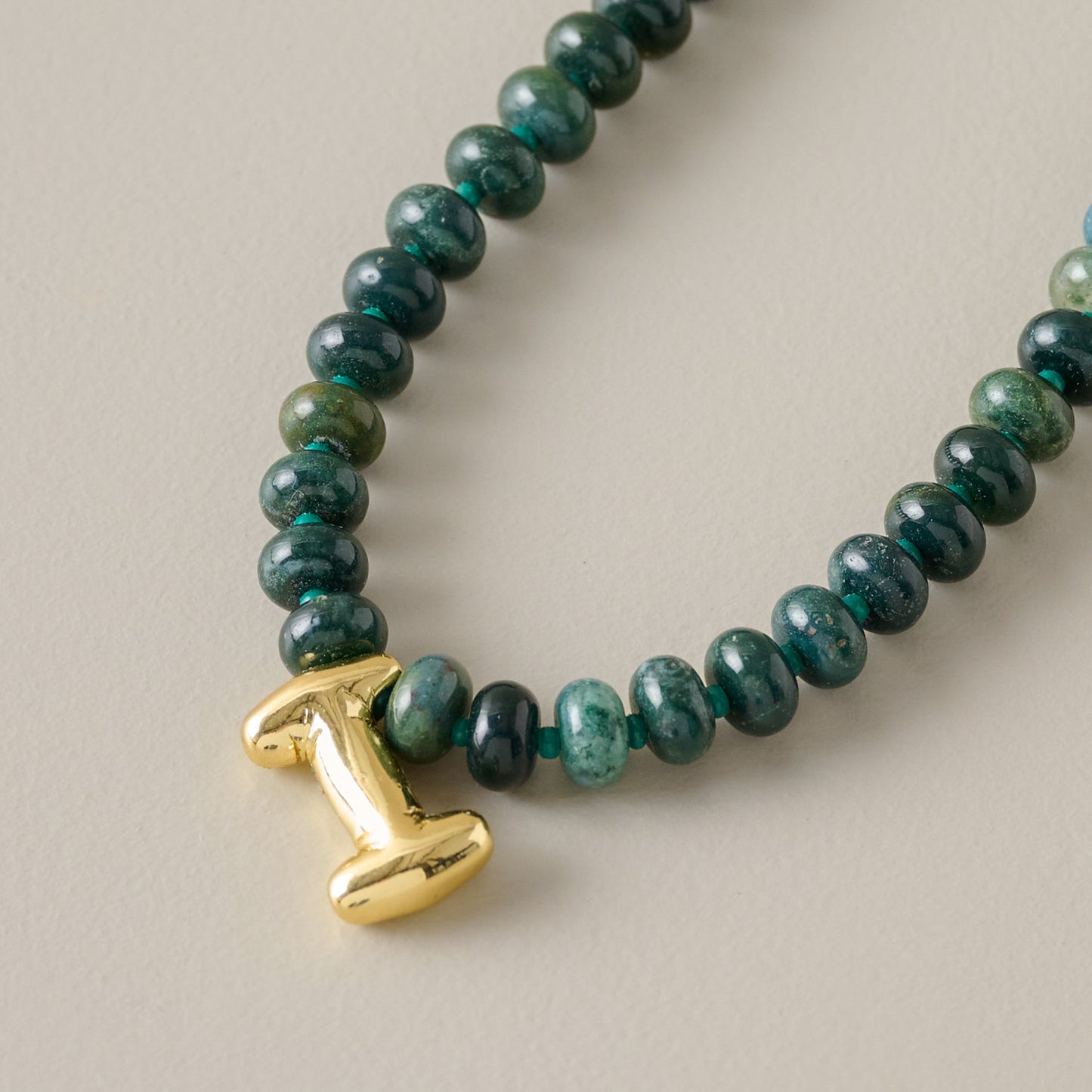 Bubble Initial Beaded Necklace Gold Olive Green - I