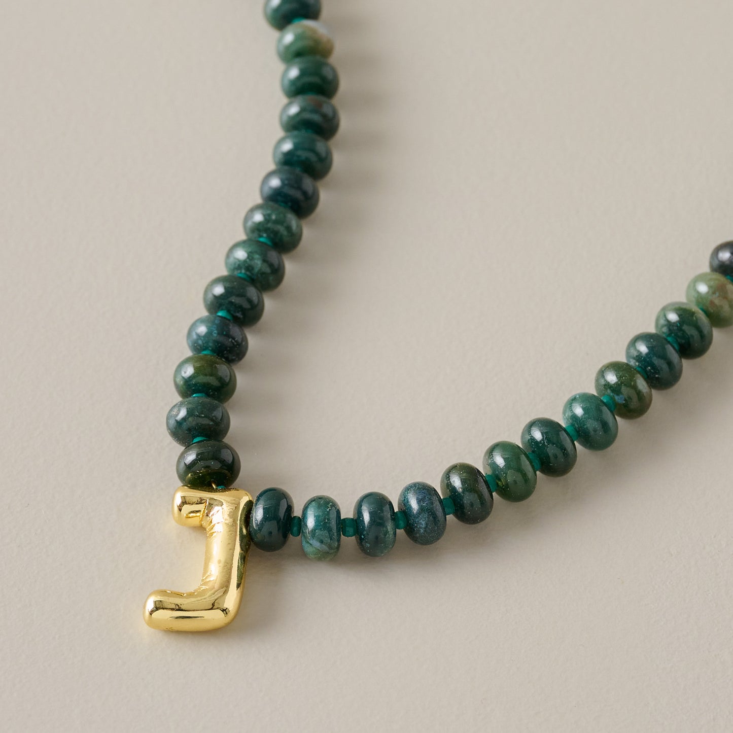 Bubble Initial Beaded Necklace Gold Olive Green - J