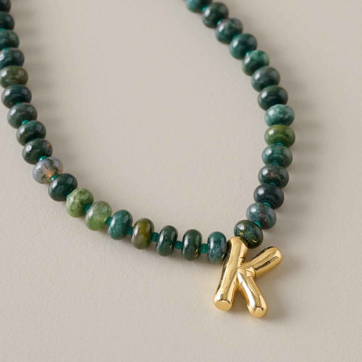 Bubble Initial Beaded Necklace Gold Olive Green - K