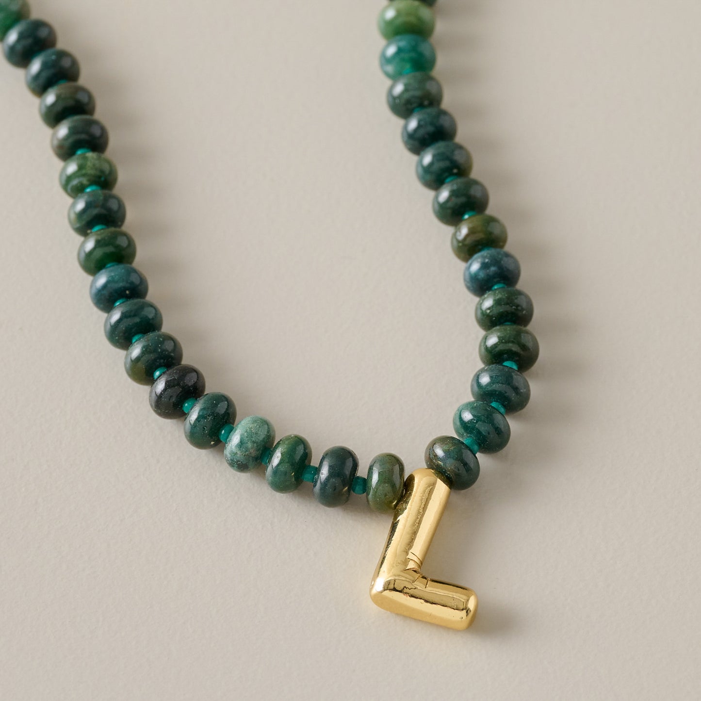 Bubble Initial Beaded Necklace Gold Olive Green - L