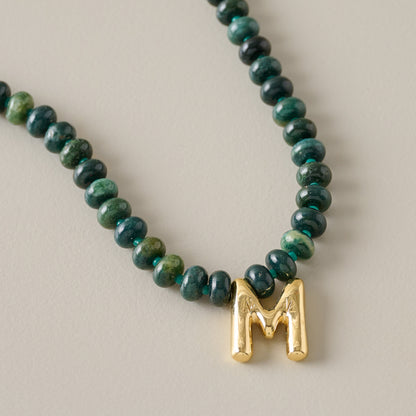 Bubble Initial Beaded Necklace Gold Olive Green - M