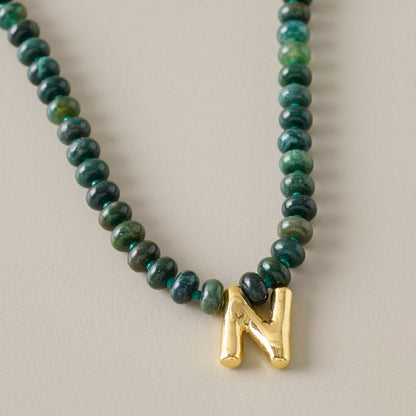 Bubble Initial Beaded Necklace Gold Olive Green - N