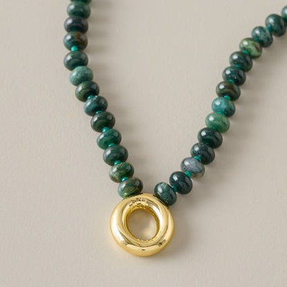 Bubble Initial Beaded Necklace Gold Olive Green - O
