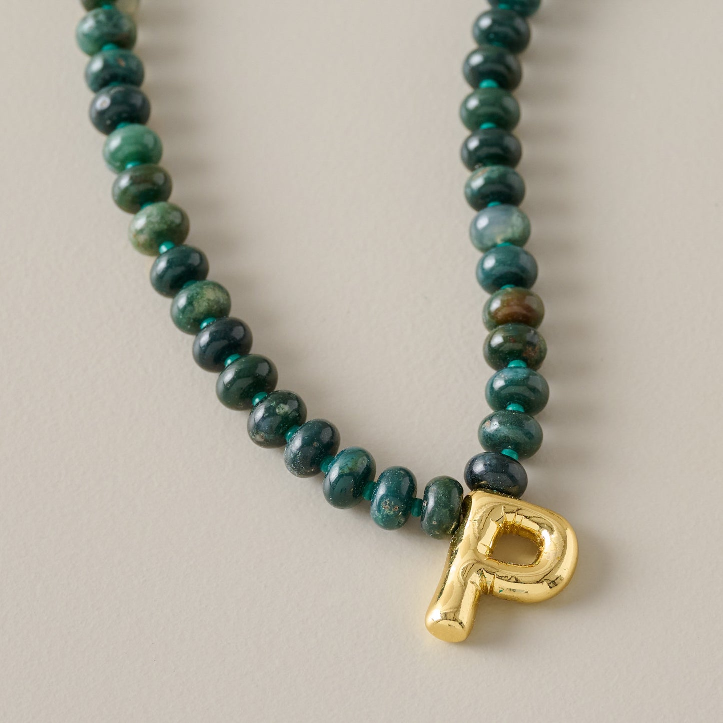 Bubble Initial Beaded Necklace Gold Olive Green - P