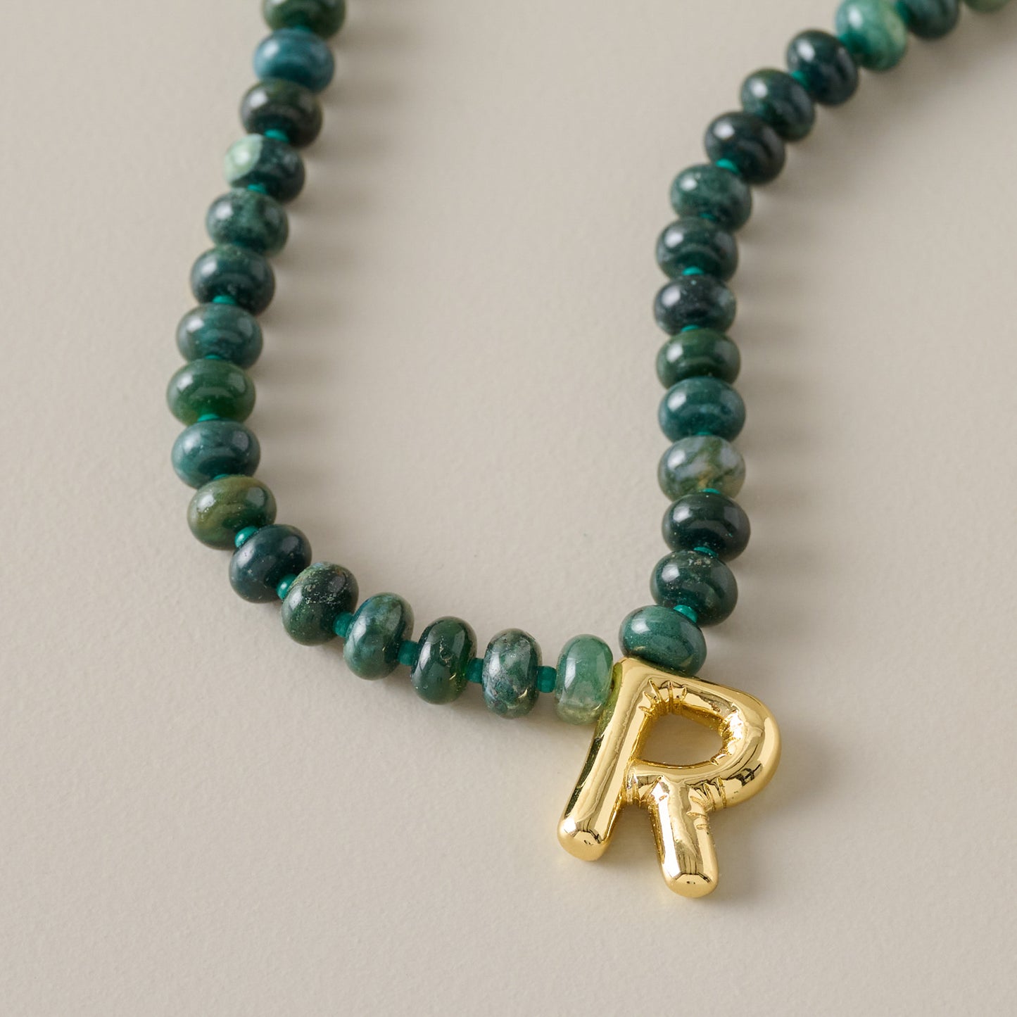 Bubble Initial Beaded Necklace Gold Olive Green - R