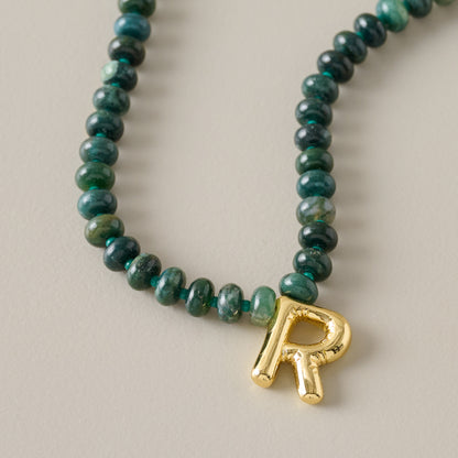 Bubble Initial Beaded Necklace Gold Olive Green - R