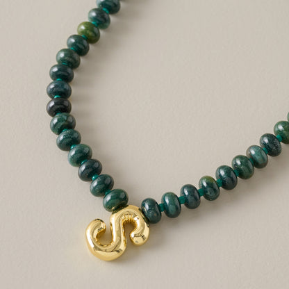 Bubble Initial Beaded Necklace Gold Olive Green - S