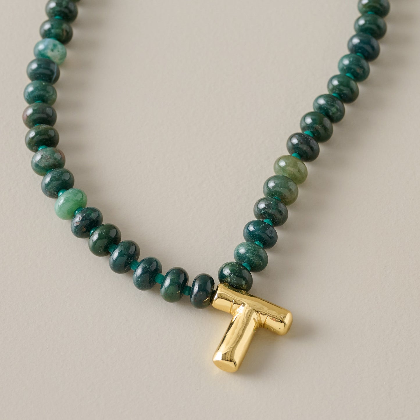 Bubble Initial Beaded Necklace Gold Olive Green - T