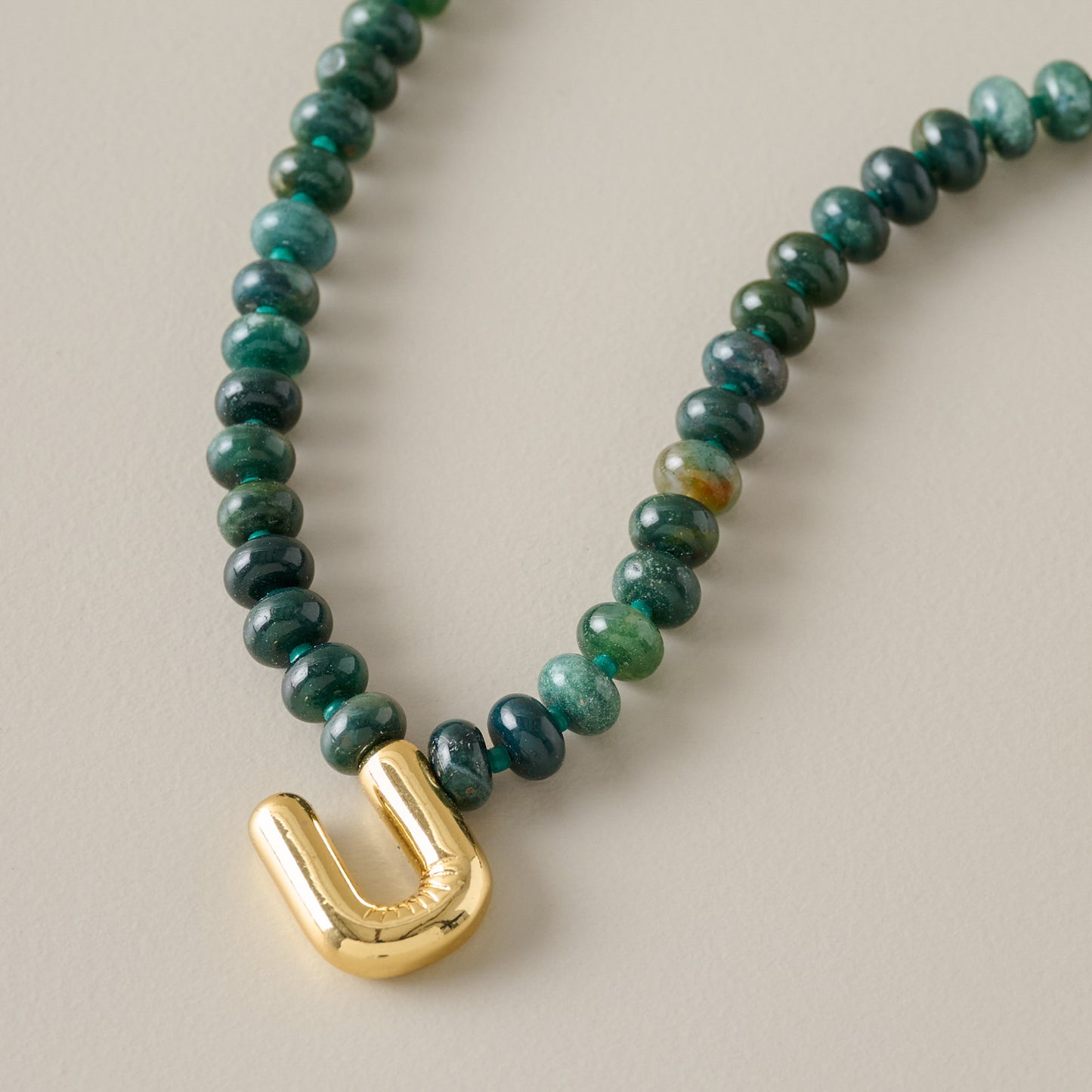 Bubble Initial Beaded Necklace Gold Olive Green - U