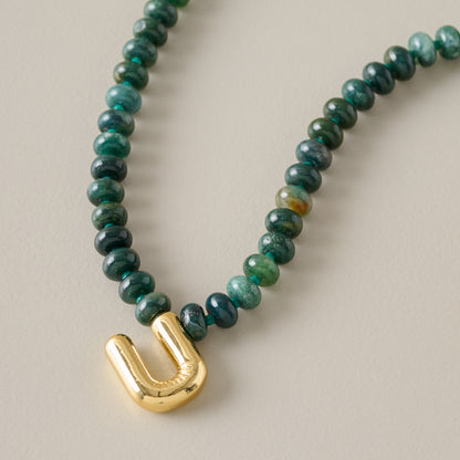 Bubble Initial Beaded Necklace Gold Olive Green - U