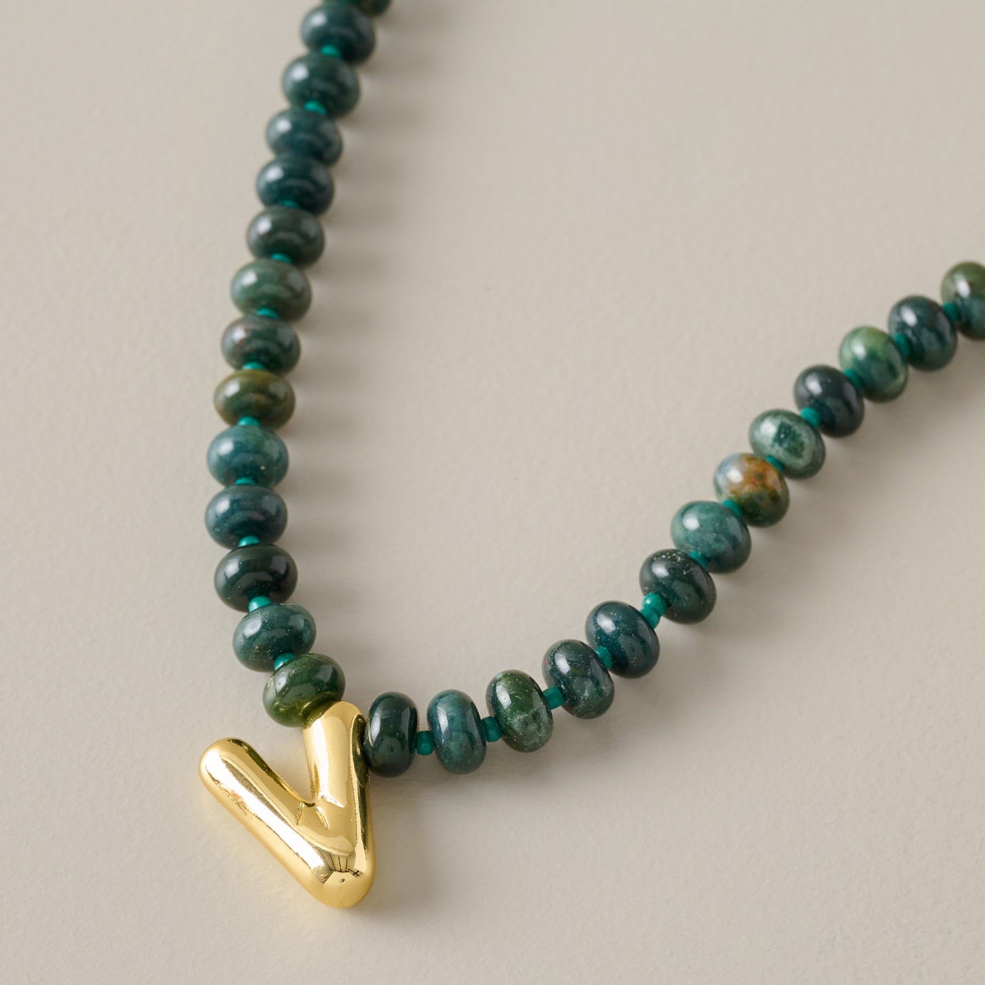 Bubble Initial Beaded Necklace Gold Olive Green - V