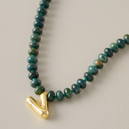 Bubble Initial Beaded Necklace Gold Olive Green - V