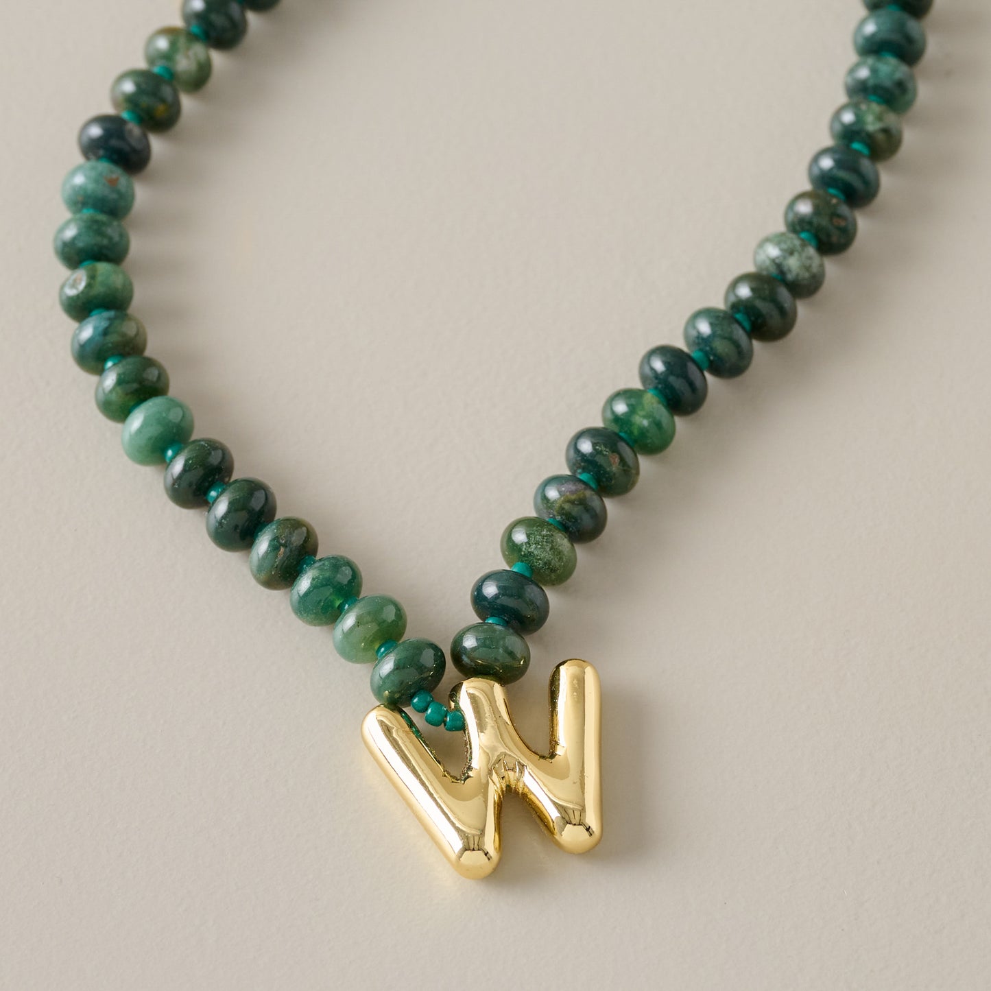 Bubble Initial Beaded Necklace Gold Olive Green - W