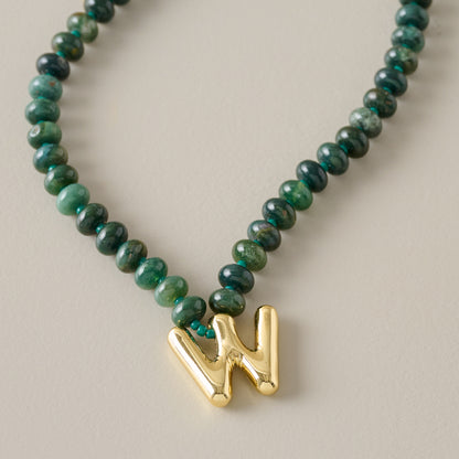 Bubble Initial Beaded Necklace Gold Olive Green - W