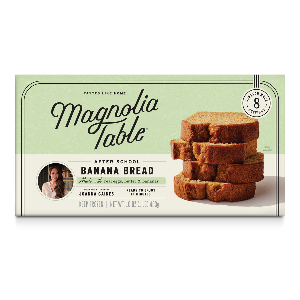 Magnolia Table After School Banana Bread box, featuring a light green and cream packaging design with a photo of sliced banana bread on the front.