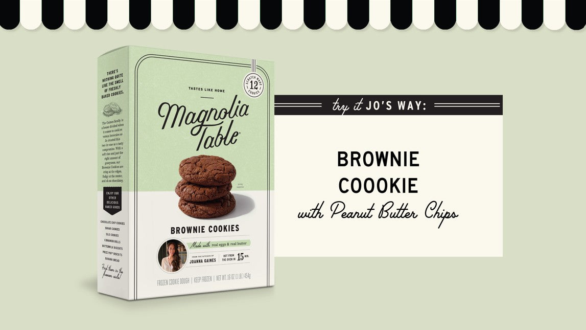 Box of Magnolia Table Brownie Cookie with Peanut Butter Chips on a light green background.  Try It Jo's Way: Brownie Cookie with Peanut Butter Chips.