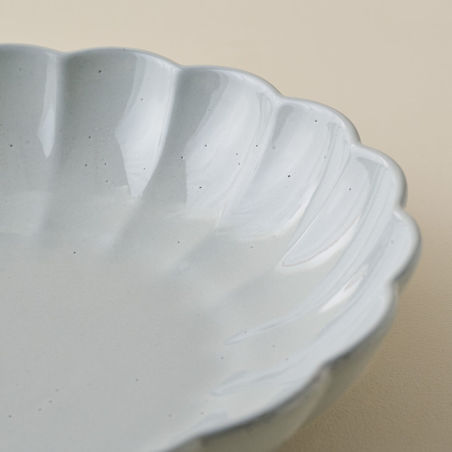 Oversized Grey Scalloped Serving Bowl up close