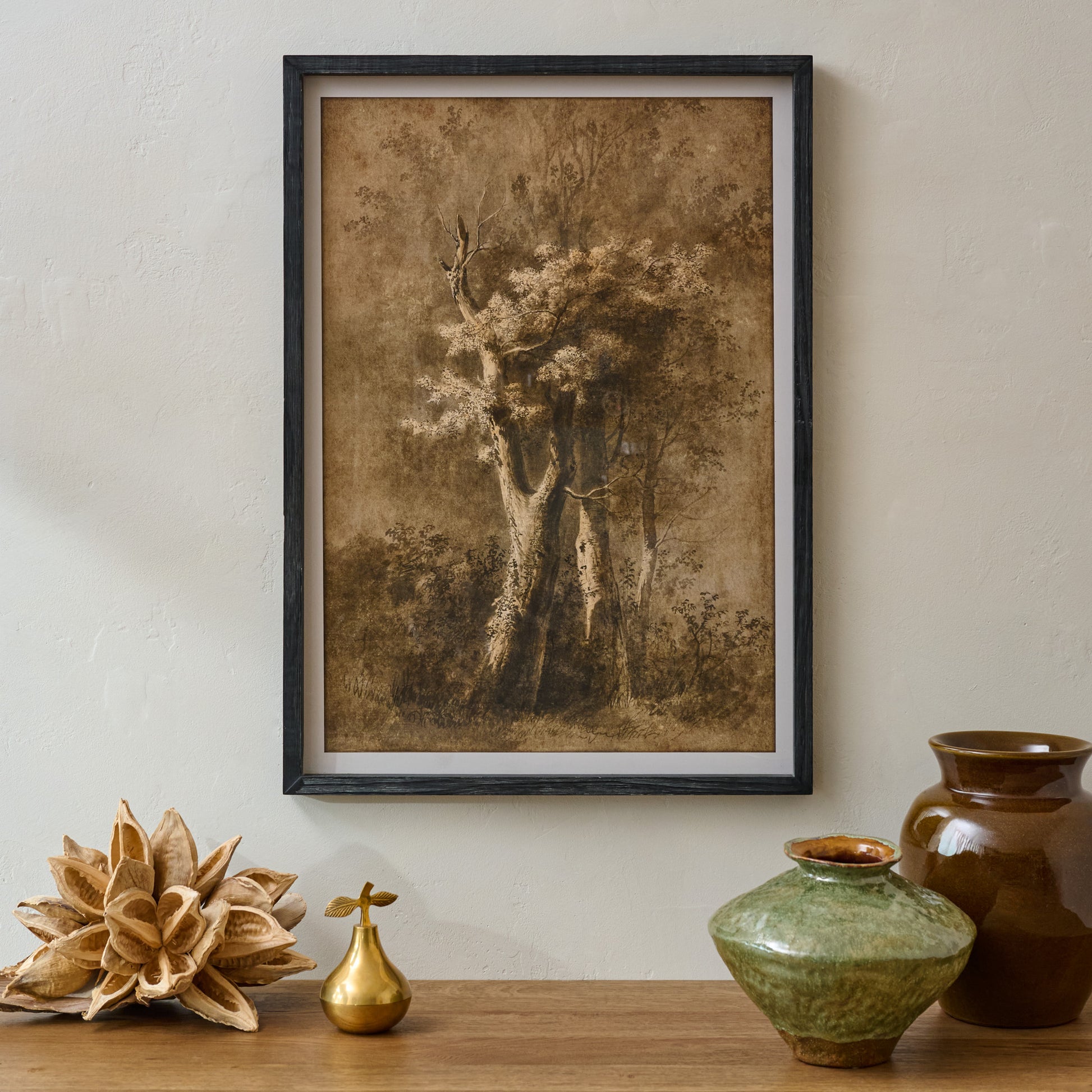 Oversized Whispers of the Oak Framed Print shown hung on wall above dresser