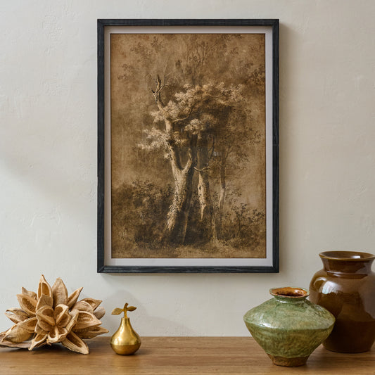 Oversized Whispers of the Oak Framed Print shown hung on wall above dresser