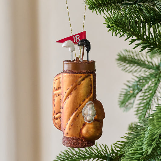 Glass Golf Bag Ornament shown on tree