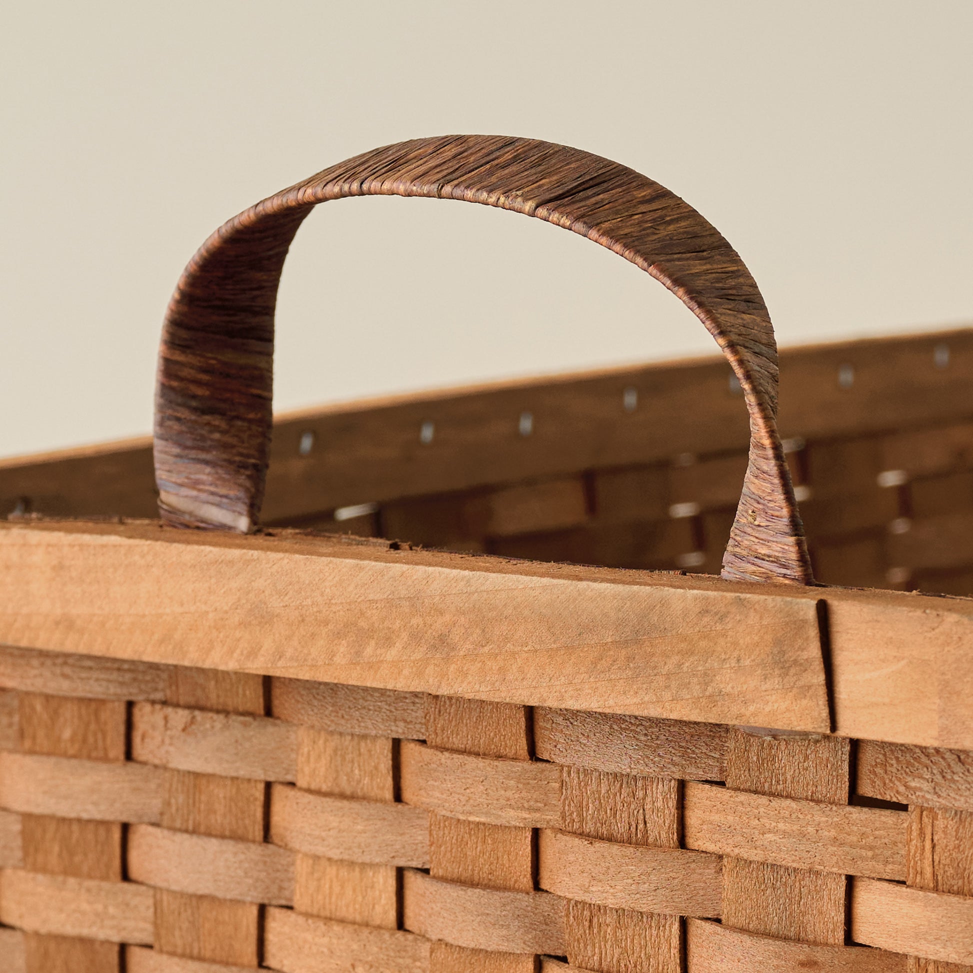 Antique Inspired Woven Harvest Basket close up of handle