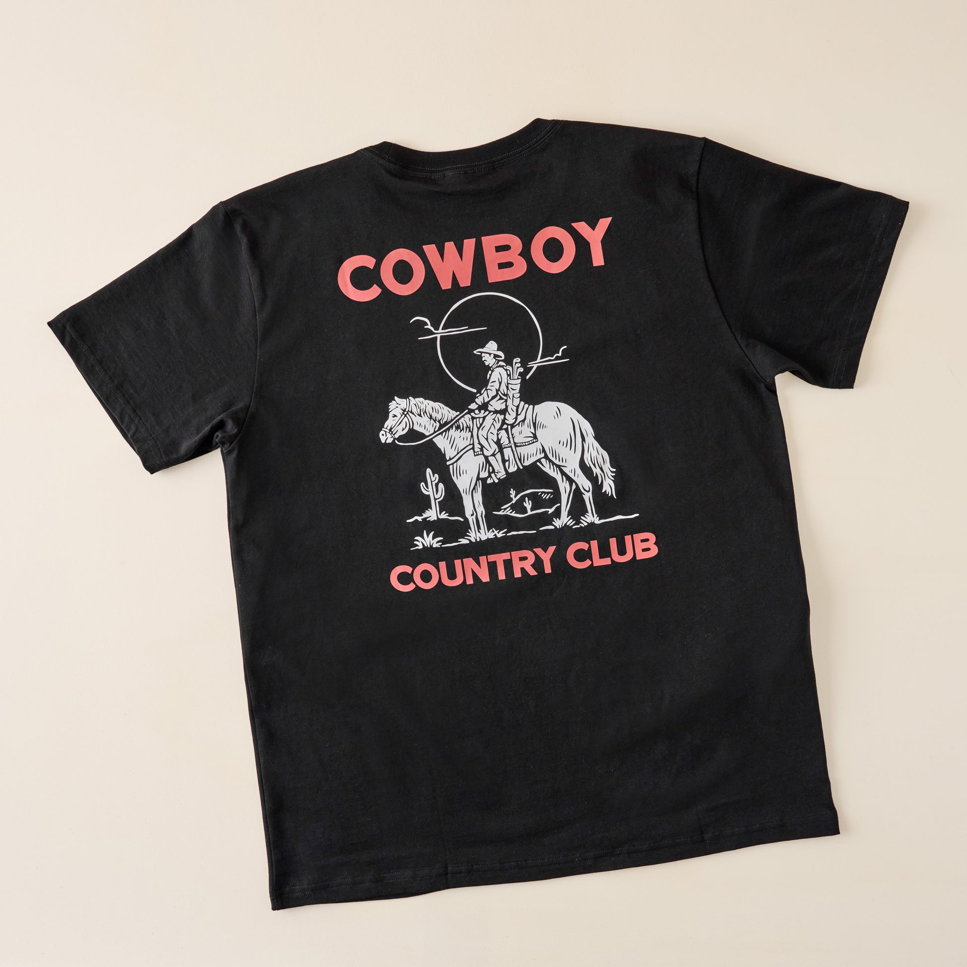 back of Cowboy Country Club Horse and Sun Black Shirt