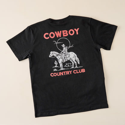 back of Cowboy Country Club Horse and Sun Black Shirt