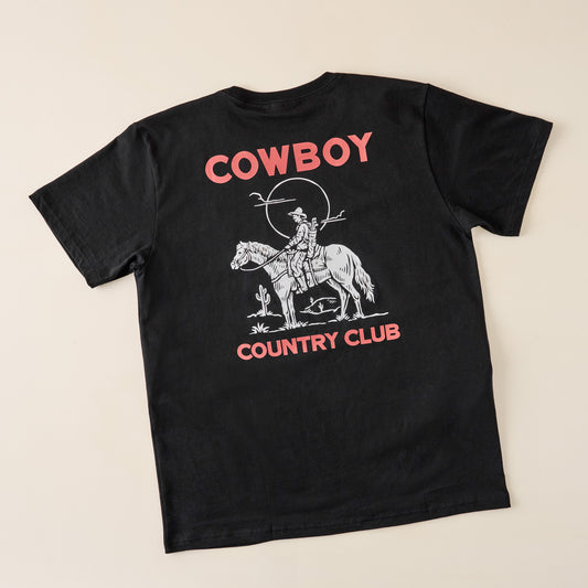 back of Cowboy Country Club Horse and Sun Black Shirt