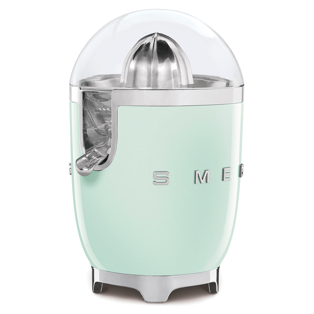 Smeg Citrus Juicer in pastel green showing juice spout