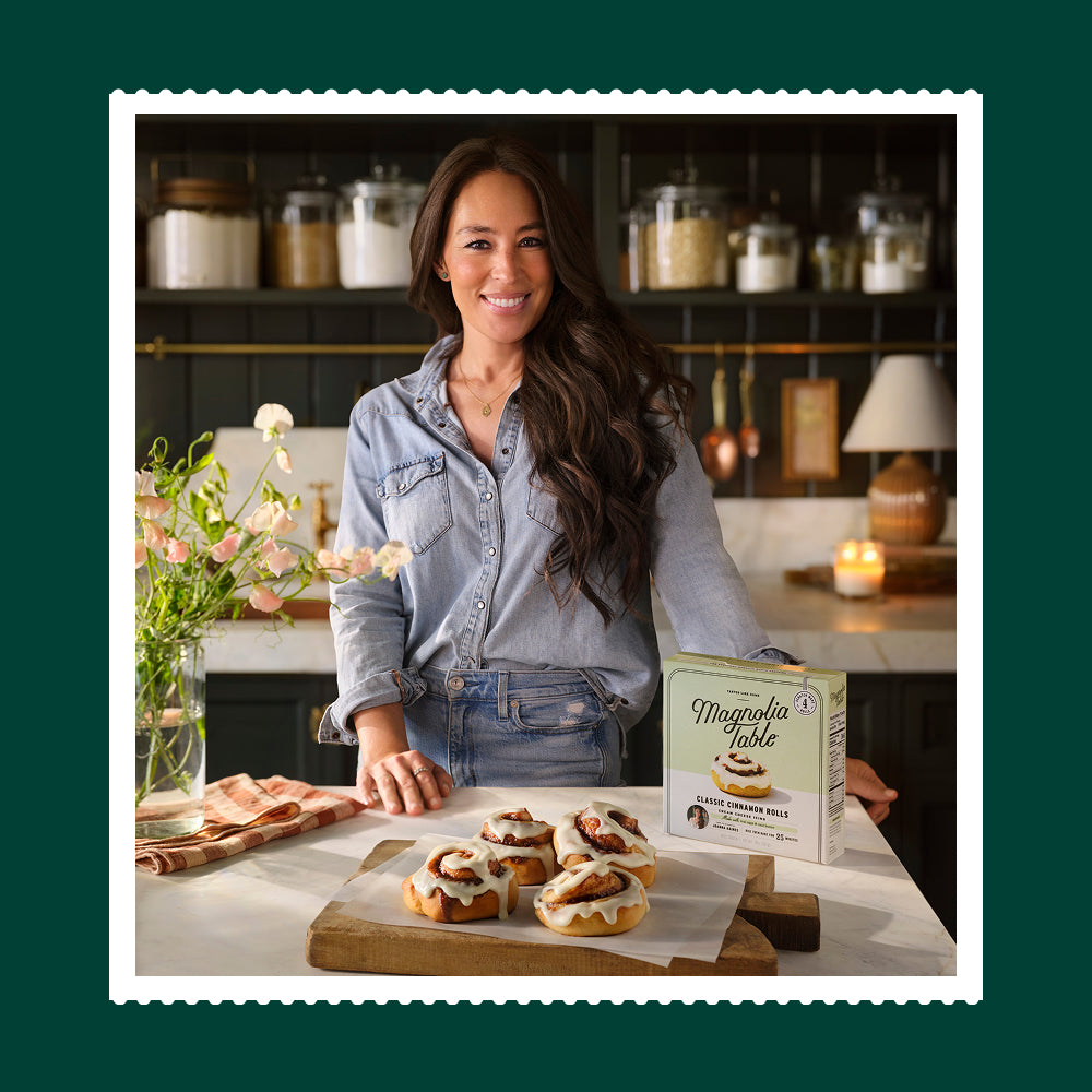 Joanna Gained in her butler's pantry with Magnolia Table Classic Cinnamon Rolls.