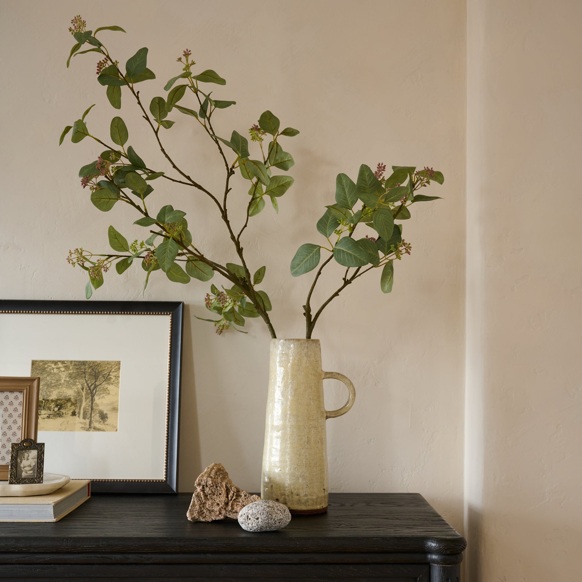 Oversized Eucalyptus Berry Branch shown styled on dresser