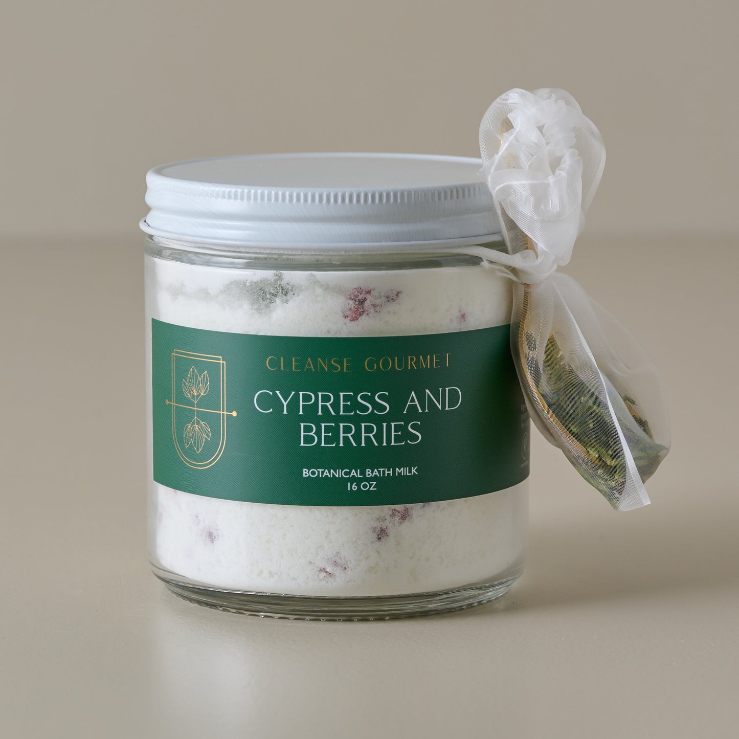 Cypress and Red Berries Milk Bath Jar shown with lid on