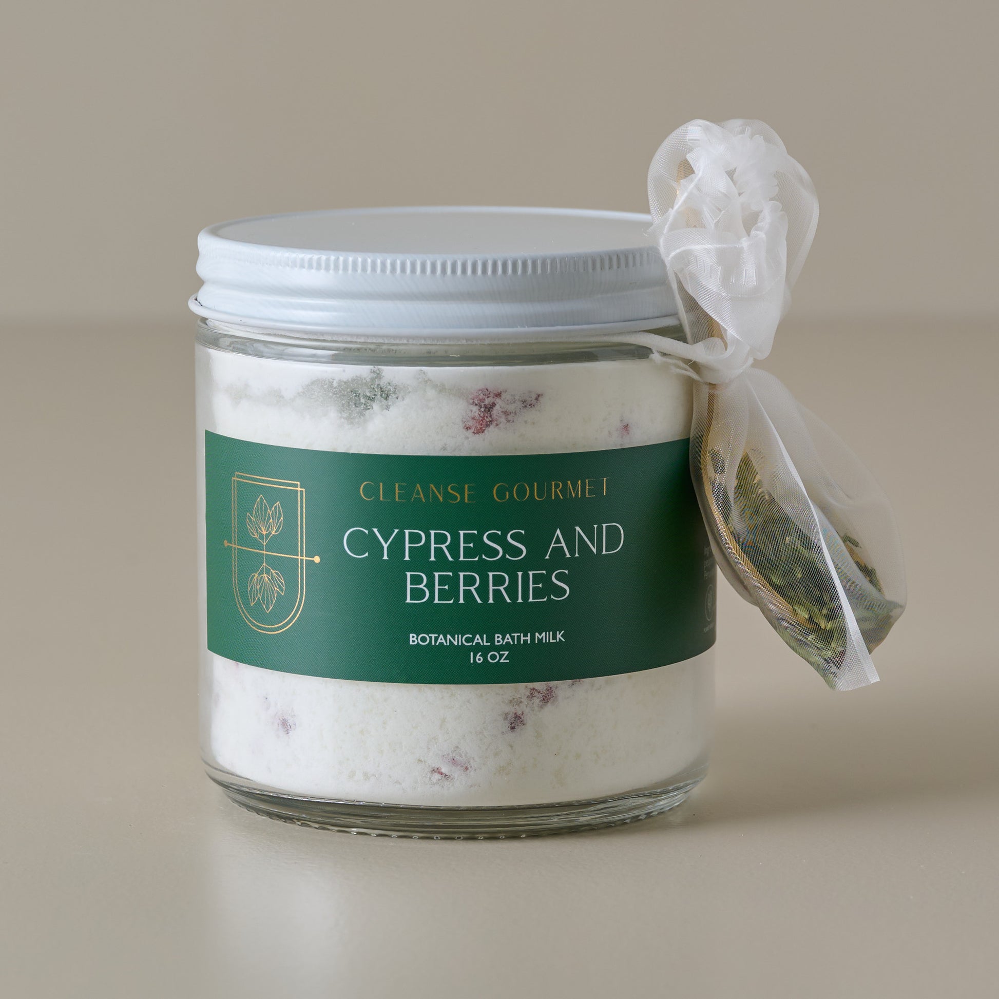 Cypress and Red Berries Milk Bath Jar shown with lid on